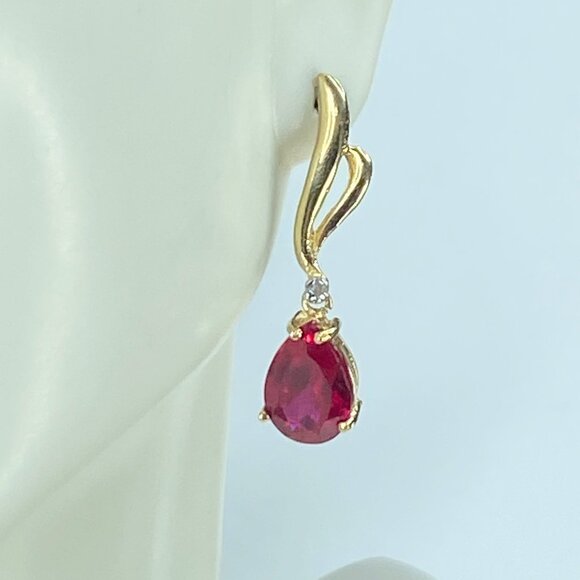 14K yellow gold Pear cut Ruby Diamond accent earrings 1 1/8" 3.7g JR391